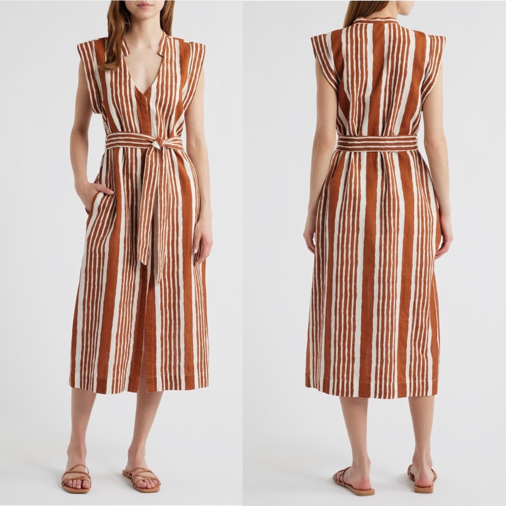Cleobella Lani Midi Dress Vecchio Stripe Tie Waist Cotton Linen Medium MSRP $258 - Picture 2 of 9